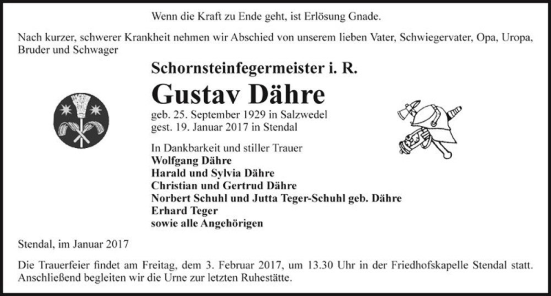  Traueranzeige für Gustav Dähre  vom 28.01.2017 aus Magdeburger Volksstimme