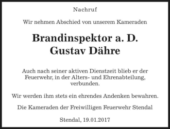 Traueranzeige von Gustav Dähre  von Magdeburger Volksstimme