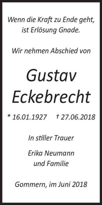 Traueranzeige von Gustav Eckebrecht  von Magdeburger Volksstimme