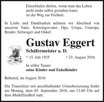 Traueranzeige von Gustav Eggert  von Magdeburger Volksstimme
