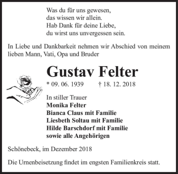 Traueranzeige von Gustav Felter  von Magdeburger Volksstimme