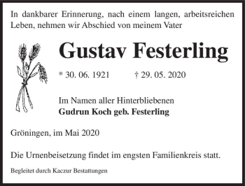 Traueranzeige von Gustav Festerling  von Magdeburger Volksstimme