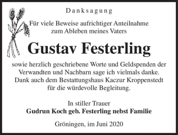 Traueranzeige von Gustav Festerling  von Magdeburger Volksstimme