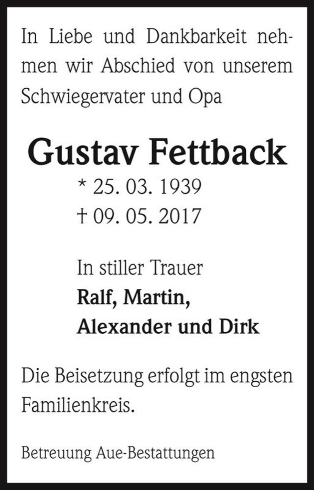  Traueranzeige für Gustav Fettback  vom 20.05.2017 aus Magdeburger Volksstimme