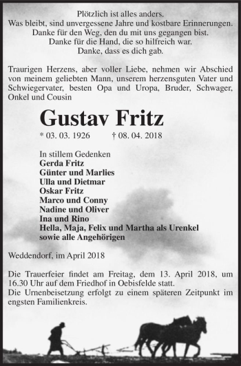 Traueranzeige von Gustav Fritz  von Magdeburger Volksstimme