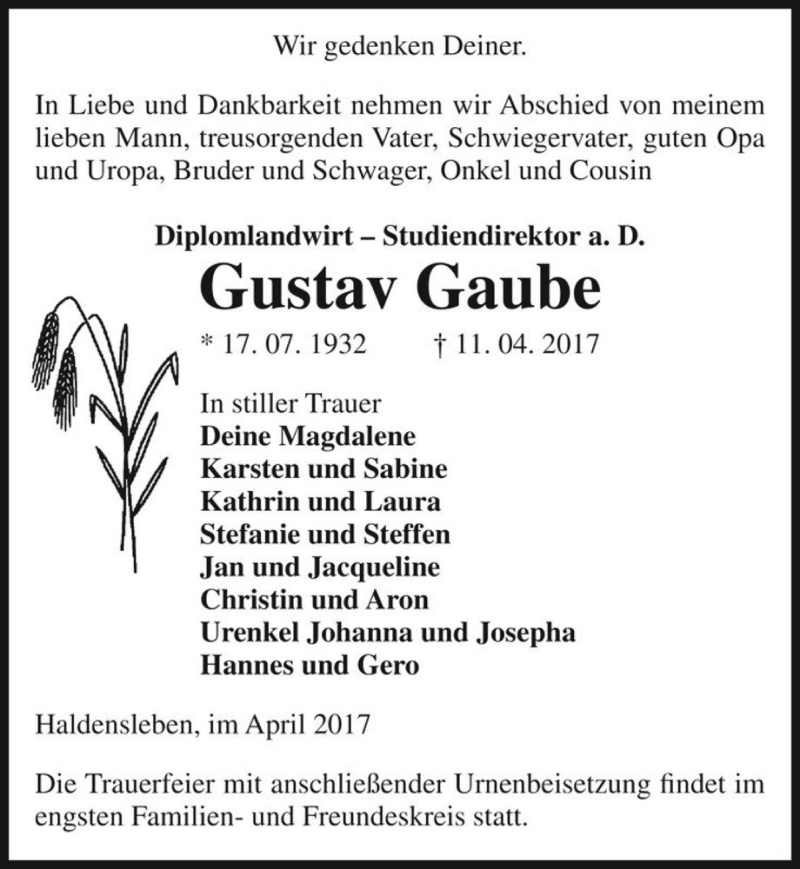 Traueranzeige für Gustav Gaube  vom 13.04.2017 aus Magdeburger Volksstimme