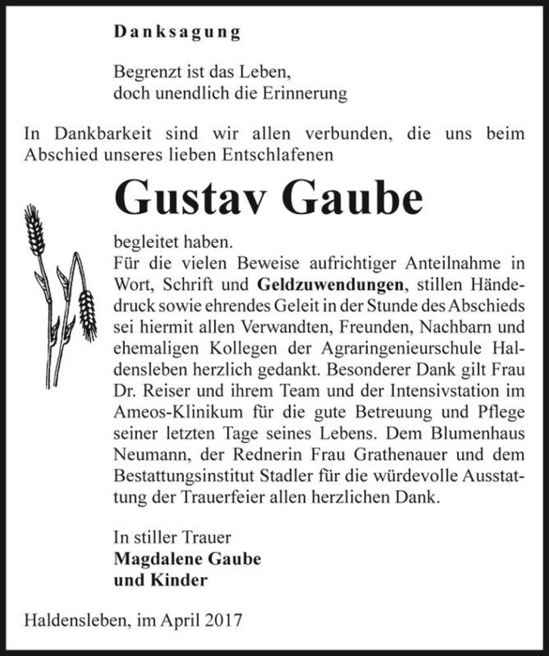  Traueranzeige für Gustav Gaube  vom 29.04.2017 aus Magdeburger Volksstimme