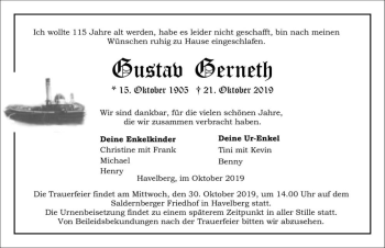Traueranzeige von Gustav Gerneth  von Magdeburger Volksstimme