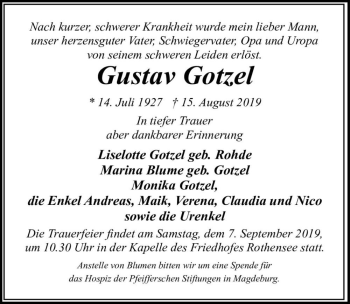 Traueranzeige von Gustav Gotzel  von Magdeburger Volksstimme