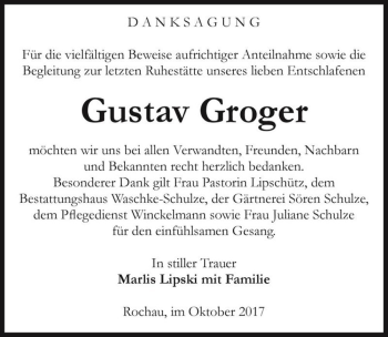 Traueranzeige von Gustav Groger  von Magdeburger Volksstimme