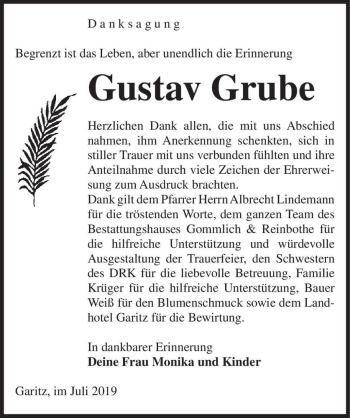 Traueranzeige von Gustav Grube  von Magdeburger Volksstimme
