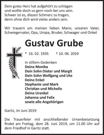 Traueranzeige von Gustav Grube  von Magdeburger Volksstimme
