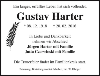 Traueranzeige von Gustav Harter  von Magdeburger Volksstimme