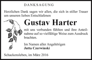 Traueranzeige von Gustav Harter  von Magdeburger Volksstimme