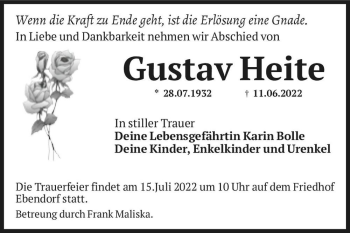 Traueranzeige von Gustav Heite  von Magdeburger Volksstimme