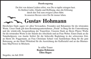 Traueranzeige von Gustav Hohmann  von Magdeburger Volksstimme