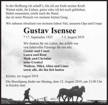 Traueranzeige von Gustav Isensee  von Magdeburger Volksstimme