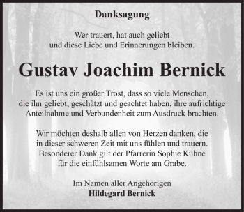 Traueranzeige von Gustav Joachim Bernick  von Magdeburger Volksstimme