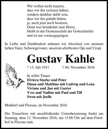 Traueranzeige von Gustav Kahle  von Magdeburger Volksstimme