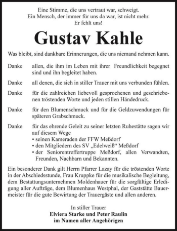 Traueranzeige von Gustav Kahle  von Magdeburger Volksstimme