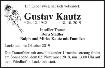 Traueranzeige von Gustav Kautz  von Magdeburger Volksstimme