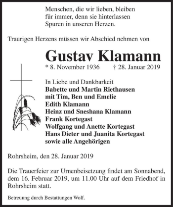Traueranzeige von Gustav Klamann  von Magdeburger Volksstimme