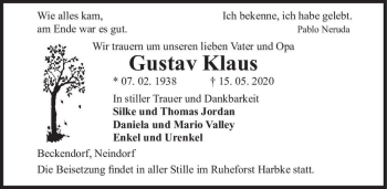 Traueranzeige von Gustav Klaus  von Magdeburger Volksstimme