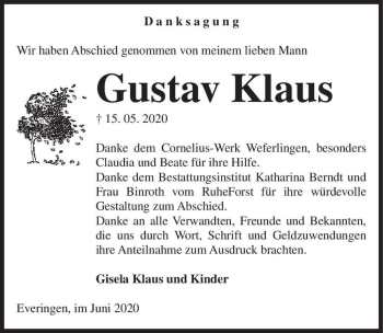 Traueranzeige von Gustav Klaus  von Magdeburger Volksstimme