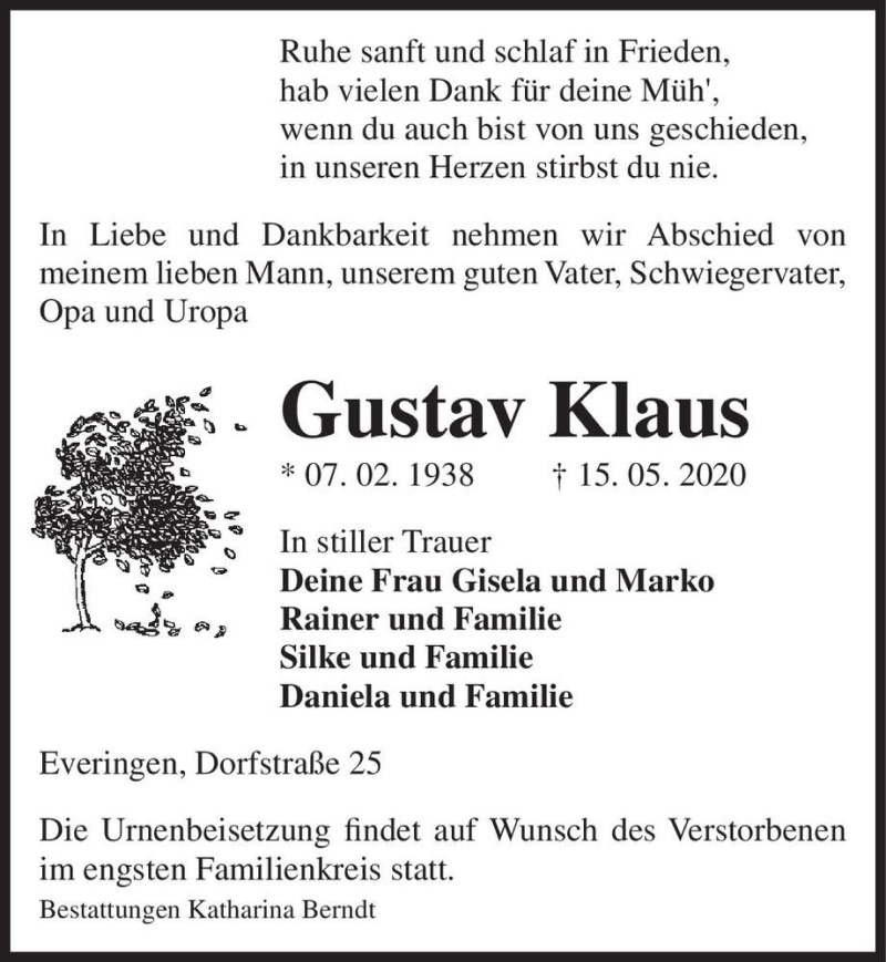  Traueranzeige für Gustav Klaus  vom 19.05.2020 aus Magdeburger Volksstimme