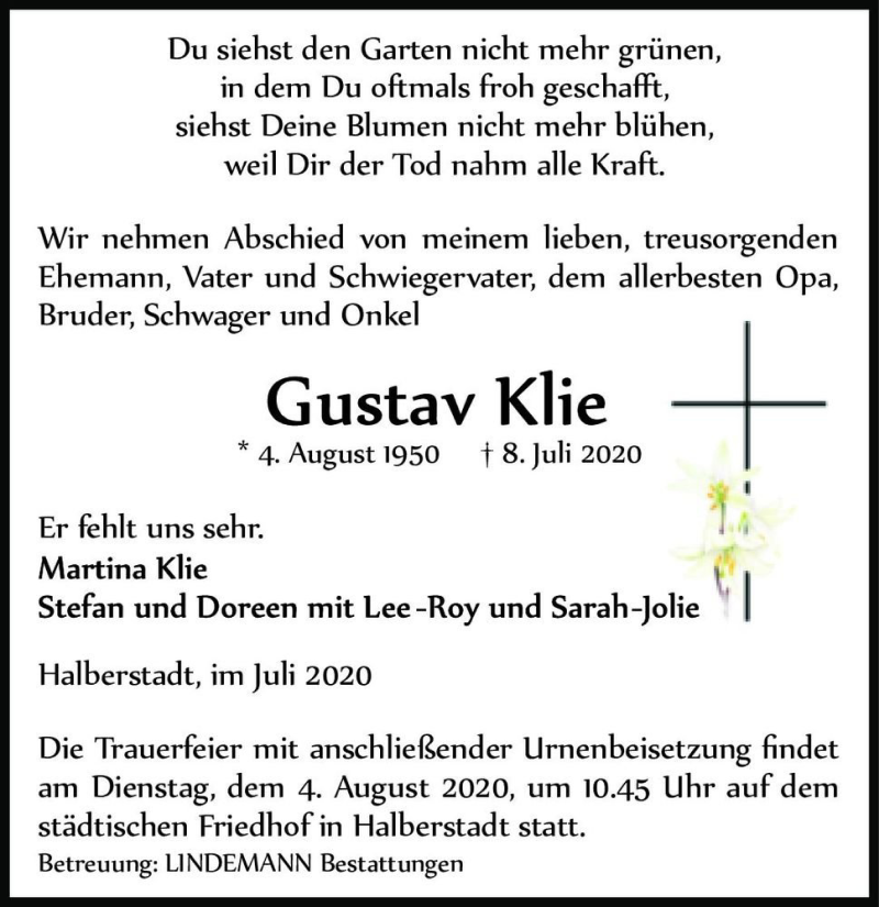  Traueranzeige für Gustav Klie  vom 18.07.2020 aus Magdeburger Volksstimme