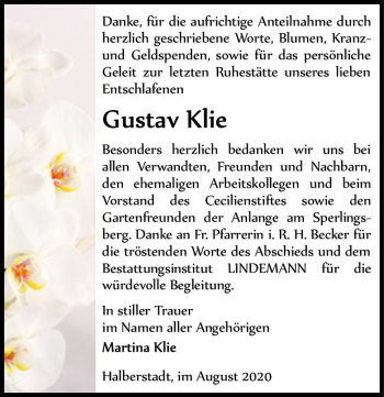 Traueranzeige von Gustav Klie  von Magdeburger Volksstimme