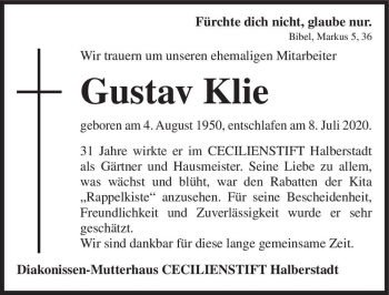 Traueranzeige von Gustav Klie  von Magdeburger Volksstimme