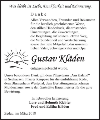 Traueranzeige von Gustav Kläden  von Magdeburger Volksstimme