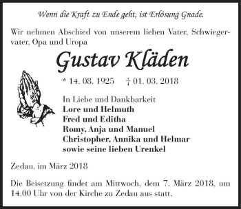 Traueranzeige von Gustav Kläden  von Magdeburger Volksstimme