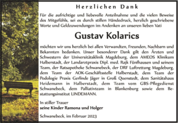 Traueranzeige von Gustav Kolarics  von Magdeburger Volksstimme