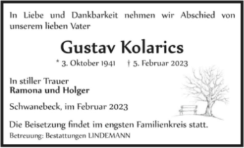 Traueranzeige von Gustav Kolarics  von Magdeburger Volksstimme