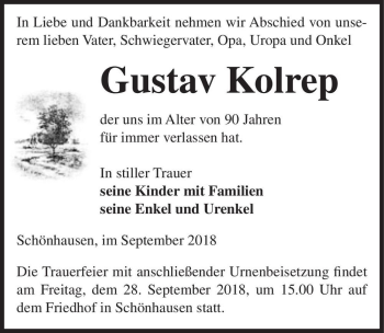 Traueranzeige von Gustav Kolrep  von Magdeburger Volksstimme