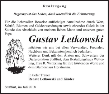 Traueranzeige von Gustav Letkowski  von Magdeburger Volksstimme
