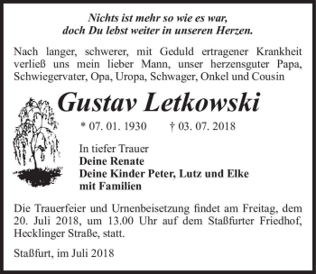 Traueranzeige von Gustav Letkowski  von Magdeburger Volksstimme