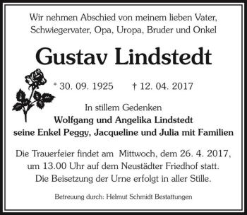 Traueranzeige von Gustav Lindstedt  von Magdeburger Volksstimme