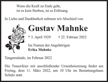 Traueranzeige von Gustav Mahnke  von Magdeburger Volksstimme