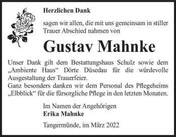 Traueranzeige von Gustav Mahnke  von Magdeburger Volksstimme