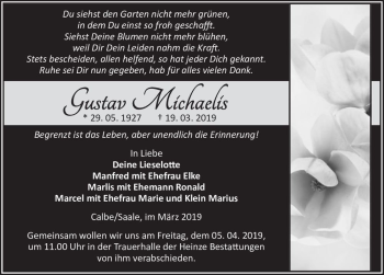 Traueranzeige von Gustav Michaelis  von Magdeburger Volksstimme