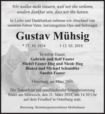 Traueranzeige von Gustav Mühsig  von Magdeburger Volksstimme