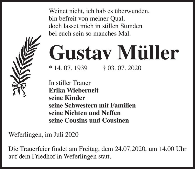  Traueranzeige für Gustav Müller  vom 18.07.2020 aus Magdeburger Volksstimme