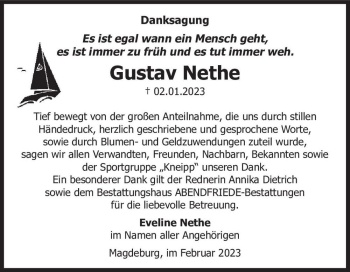 Traueranzeige von Gustav Nethe  von Magdeburger Volksstimme