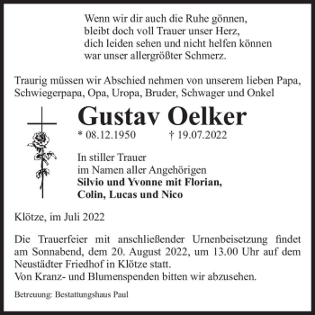 Traueranzeige von Gustav Oelker  von Magdeburger Volksstimme