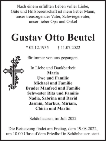 Traueranzeige von Gustav Otto Beutel  von Magdeburger Volksstimme