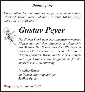 Traueranzeige von Gustav Peyer  von Magdeburger Volksstimme