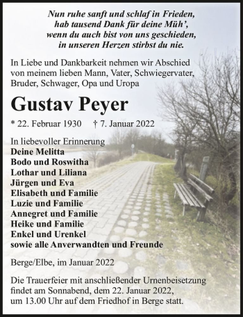 Traueranzeige von Gustav Peyer  von Magdeburger Volksstimme